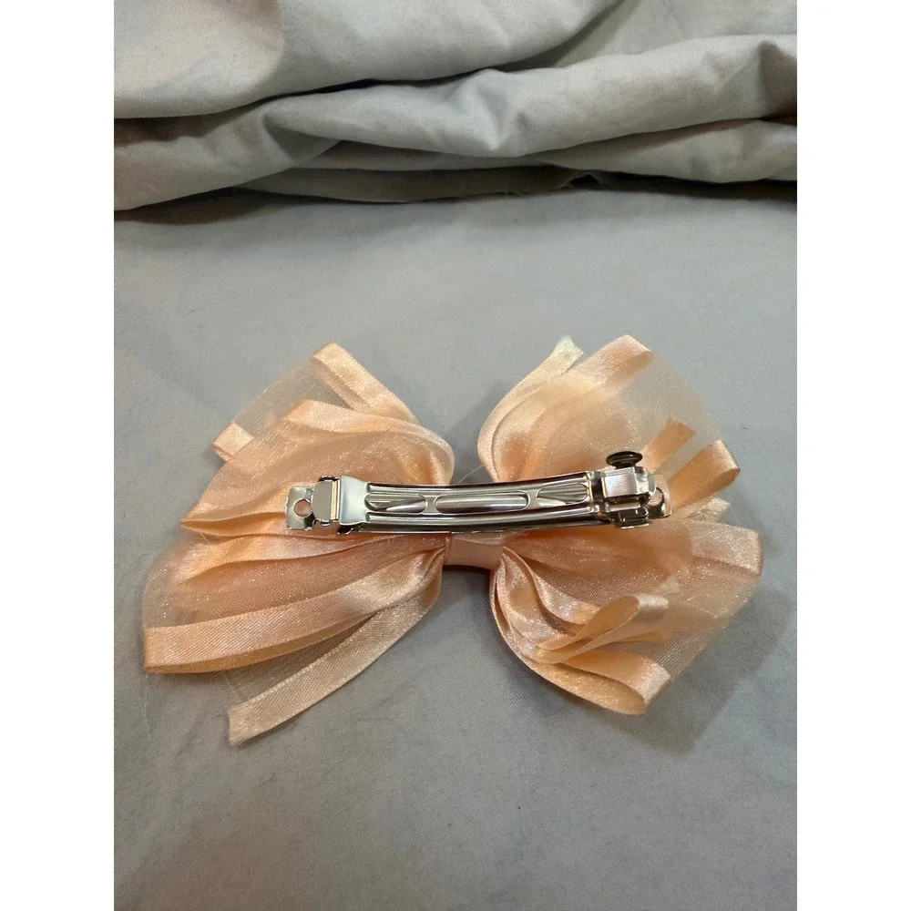 Peach Tulle Layered Hair Bow Clip Girls Barrette Accessory Peach Pink